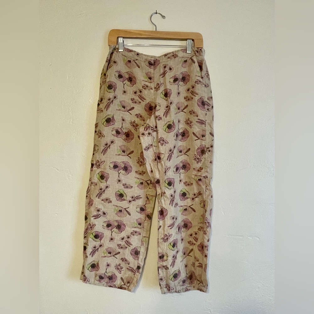 Floral Linen Bohemian Flowy Pants With Elastic Waistband